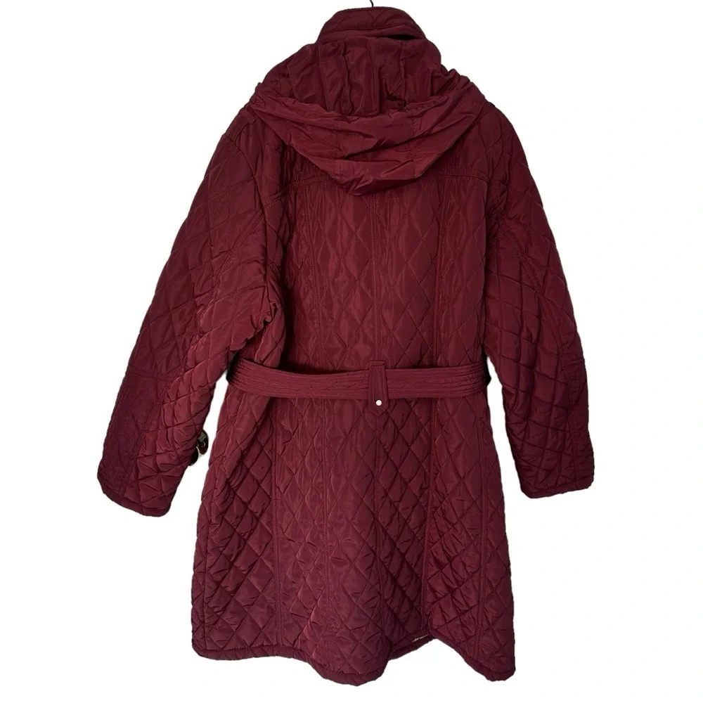 NWOT WOMENS MICHAEL KORS MAROON PUFFER COAT ZIP UP KNEE LENGTH W/ BELT & HOOD 1X - Picture 3 of 17